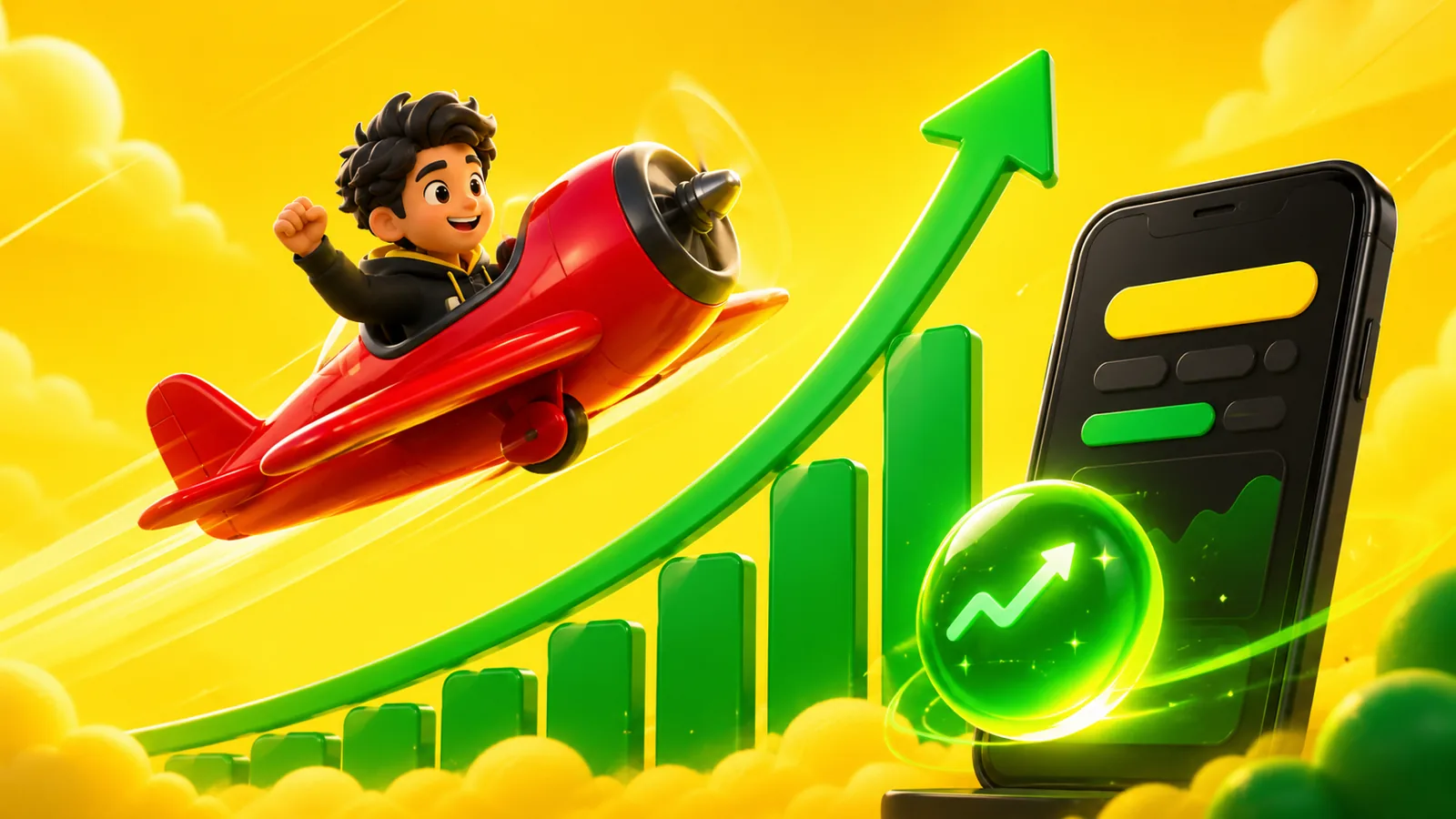 Bang-Bet Casino Nigeria — red Aviator plane climbing a green multiplier curve graph on yellow sky