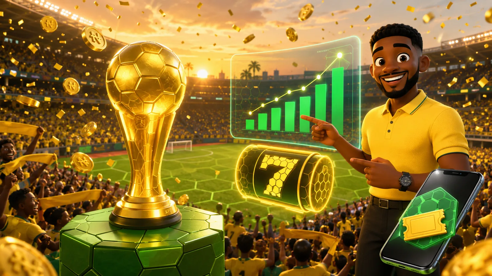 Bang-Bet Nigeria sports betting hero — Lagos analyst with golden trophy, NPFL stadium and rising green stats