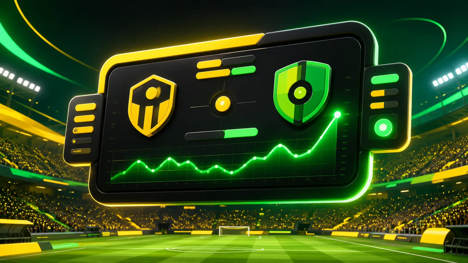 Bang-Bet live betting Nigeria — futuristic floating scoreboard with green pulse-line graph and stadium crowd lights