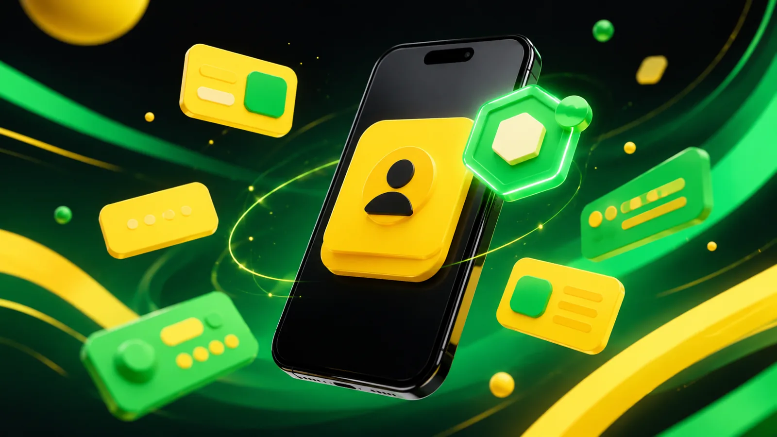 Bang-Bet Nigeria mobile app — floating premium smartphone with yellow app tile and green hexagon notification