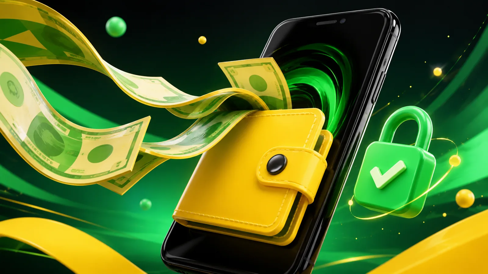 Bang-Bet Nigeria payments — smartphone with yellow wallet, naira banknotes and green padlock