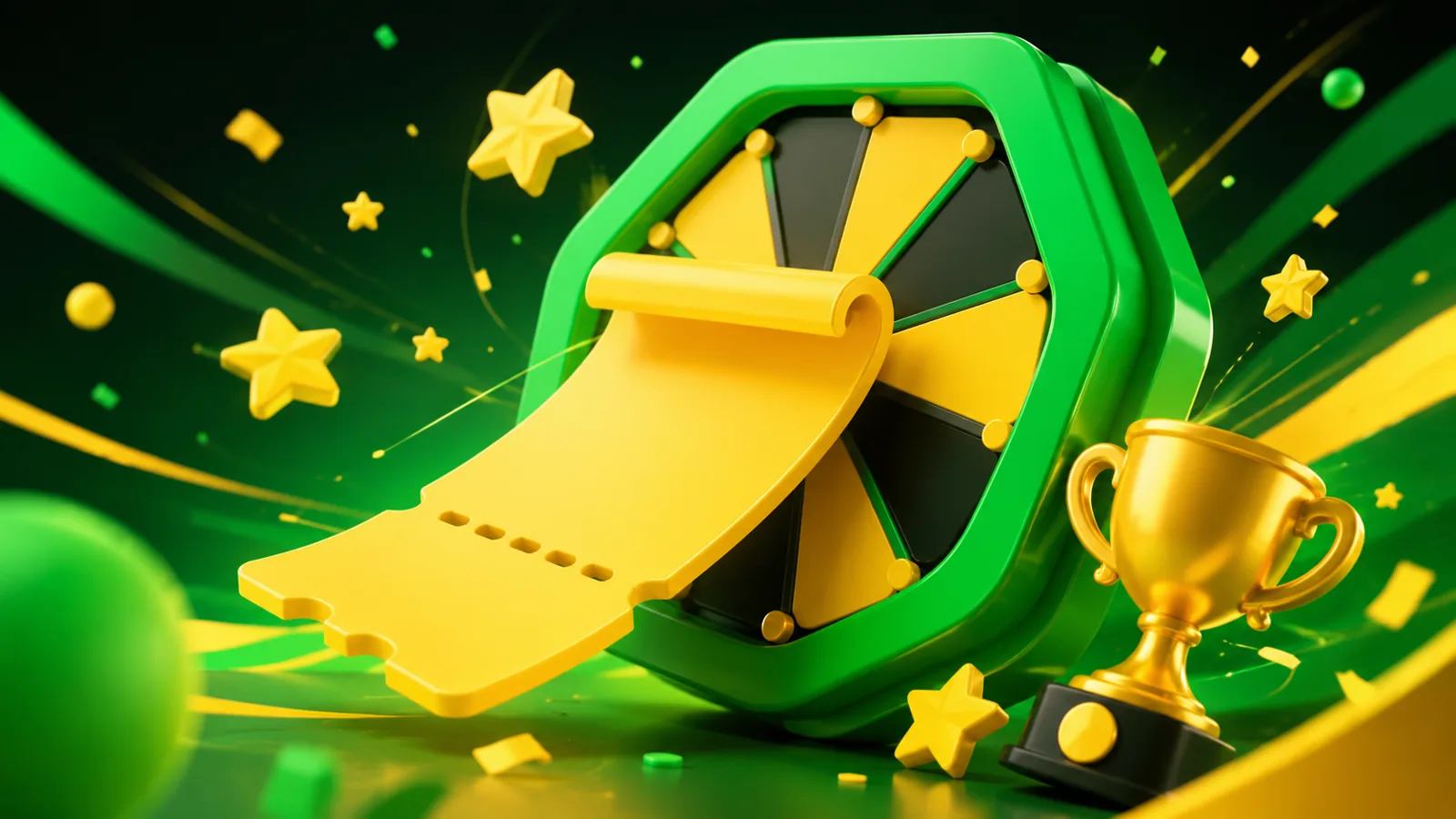 Bang-Bet Nigeria promotions — yellow ticket rolling out of a green hexagon prize wheel with a golden trophy
