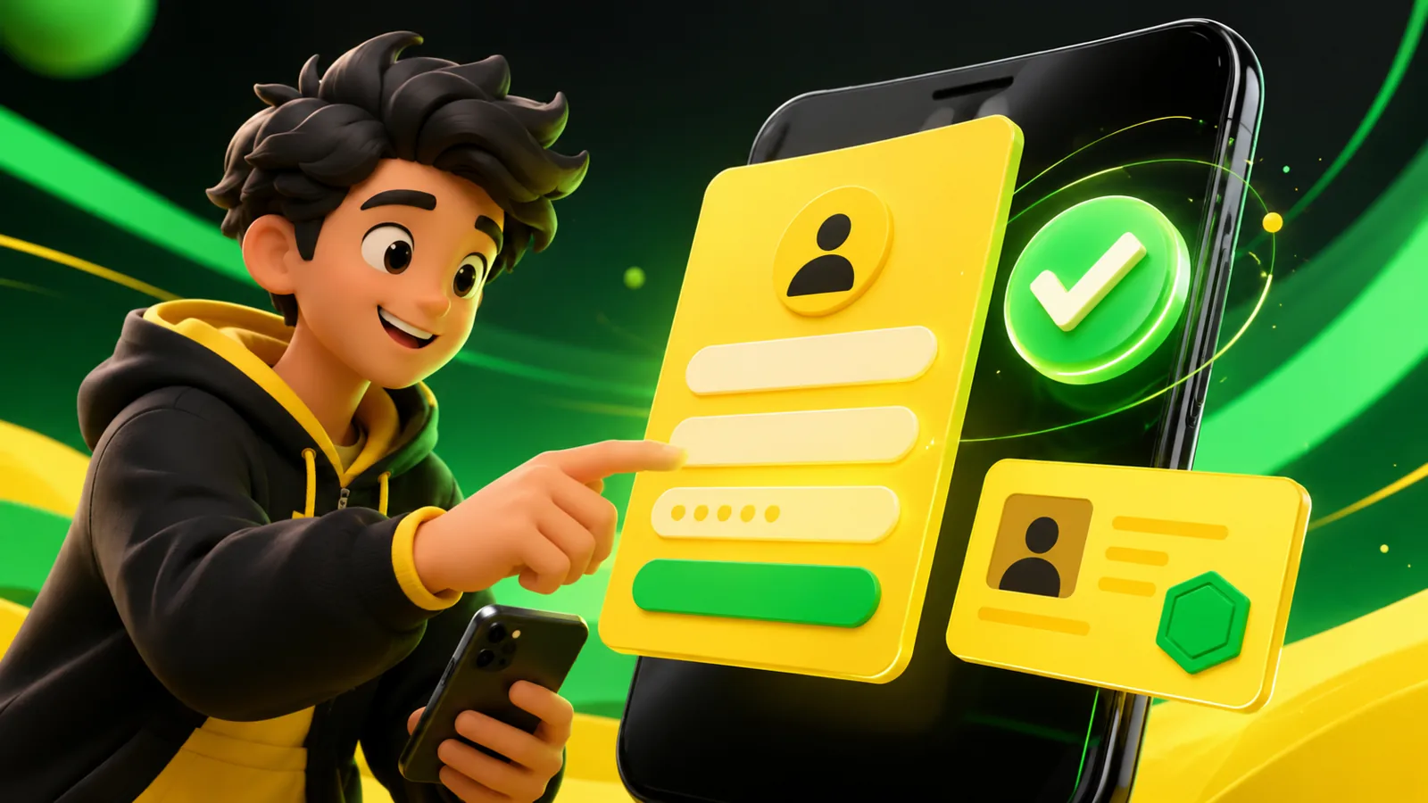 Bang-Bet Nigeria registration — 3D character signing up on smartphone with green checkmark and yellow ID card
