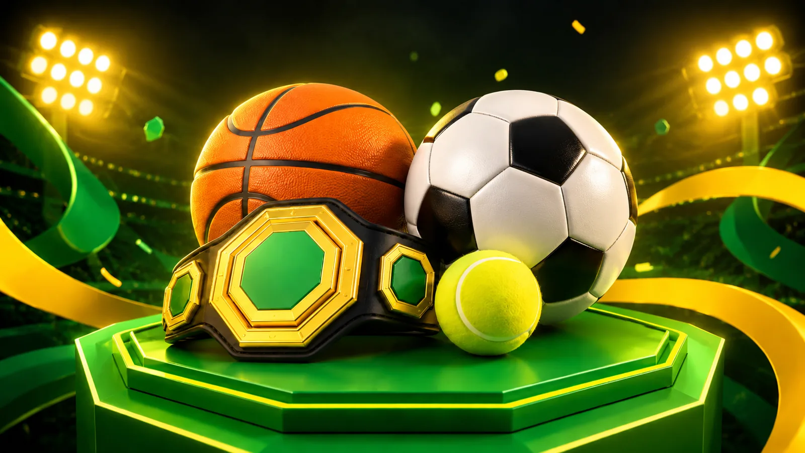 Bang-Bet sports betting Nigeria — football, basketball, tennis and championship belt on green hexagon podium