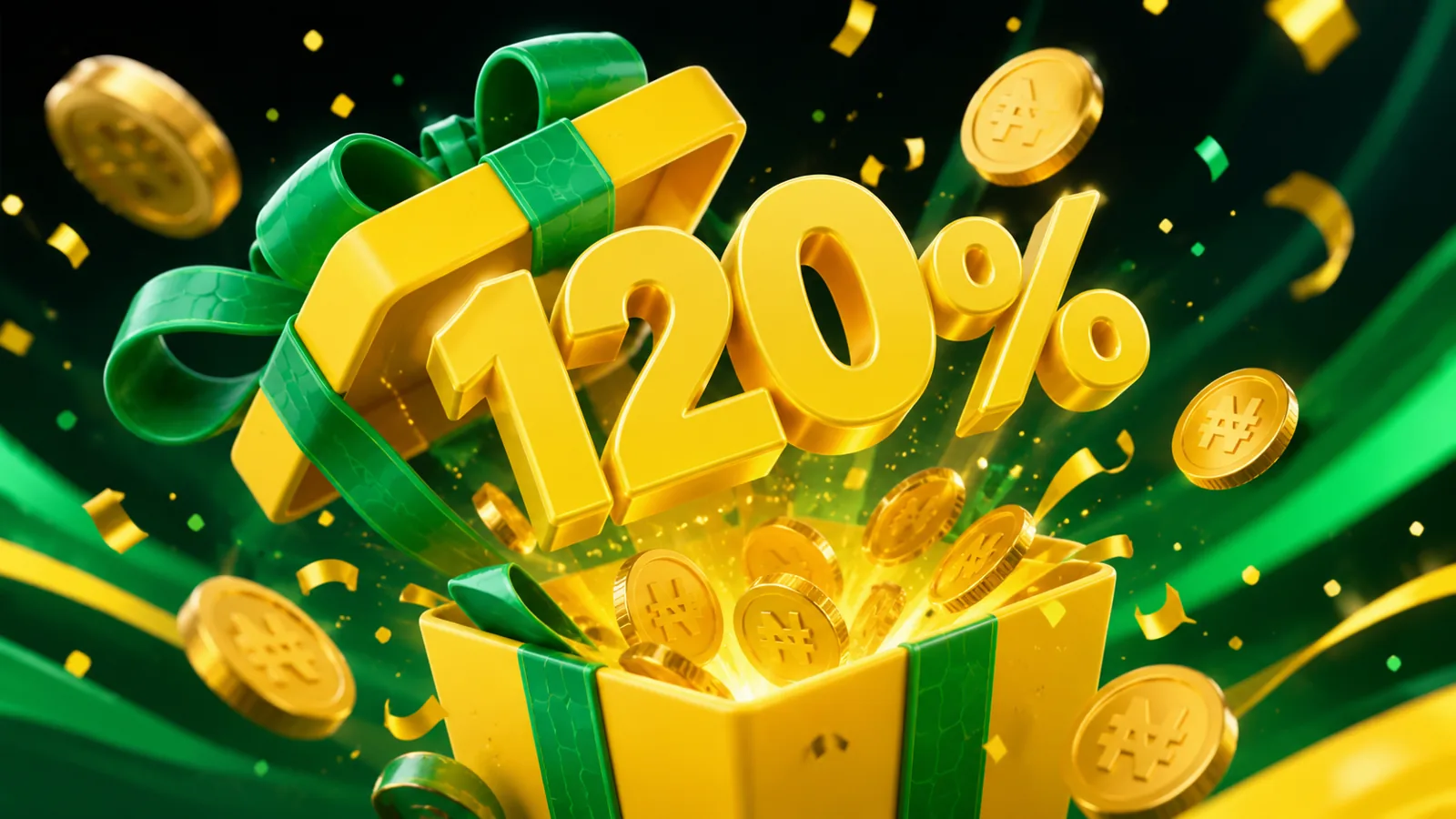 Bang-Bet Nigeria welcome bonus — golden 120% gift box bursting with naira coins on green hexagon ribbon